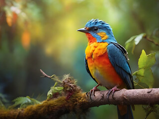 Fototapeta premium colorful bird sits on a branch with a person's hand.