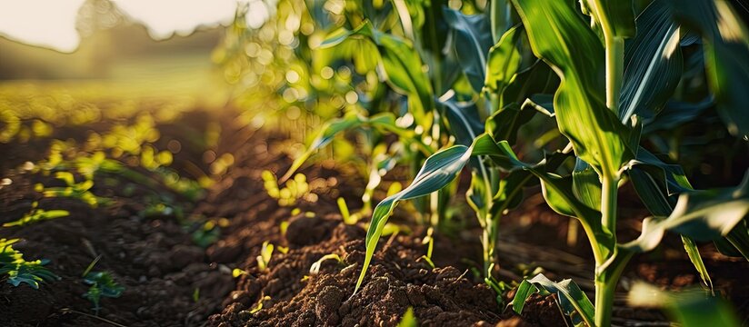Young corn plants in a corn field close up green leaves stem Agriculture concept. Copy space image. Place for adding text
