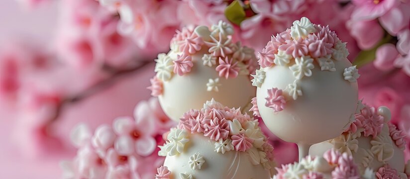 cake pop pink and white with flowers for firts communion. Copy space image. Place for adding text