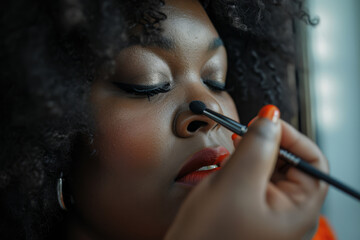 A fat African-American woman paints her face near a mirror