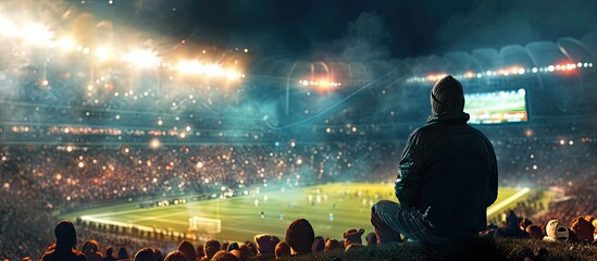 Football scene at night match with cheering fans at the stadium. Copy space image. Place for adding text