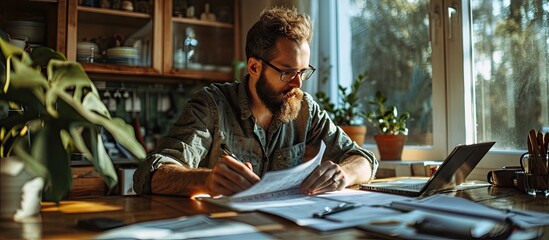 Planning budget Rich happy man counting money cash use laptop computer calculate domestic bills at home table Freelancer guy satisfied of income salary earnings money for planned vacation gifts