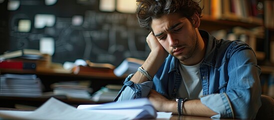 Math student sitting at desk and reviewing his papers he is feeling confused and stressed. Copy space image. Place for adding text