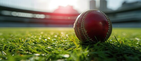 Shiny new cricket ball on grass in front of grand stand. Copy space image. Place for adding text