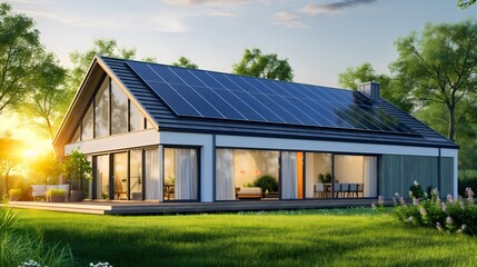 Modern house or home with the rooftop full of blue solar panels. Alternative and renewable energy source roof tile, clear sunny sky daytime. Eco friendly photovoltaic electricity and power generator - obrazy, fototapety, plakaty