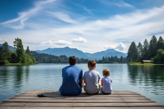 Back view of father and two children sitting together on jetty, Enjoying the mountain view from a wooden pier. Family bonding concept
