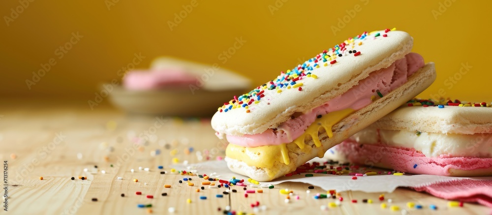 Aufkleber ice cream sandwiches vanilla with colorful topping. copy space image. place for adding text