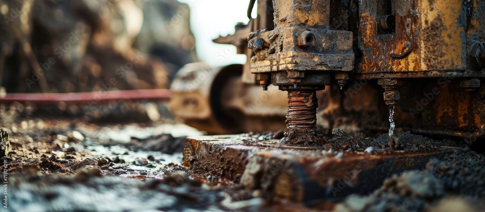 Poster ground water hole drilling machine selective focus. copy space image. place for adding text