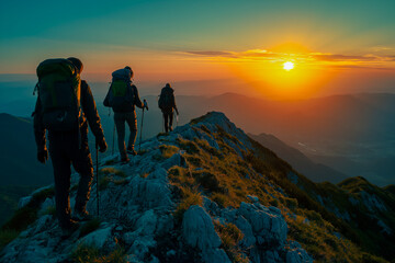 Hikers Approaching Summit in Golden Sunset