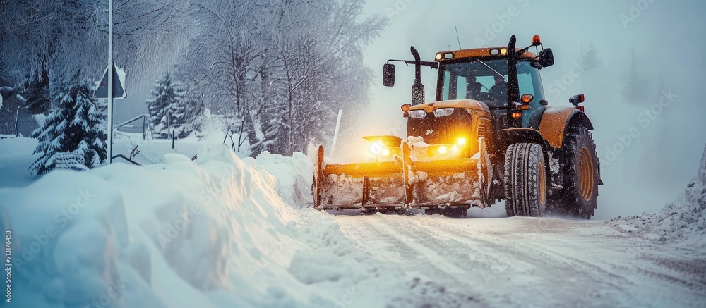 Poster tractor clears snow removal after snowfall blizzards clearing. copy space image. place for adding te