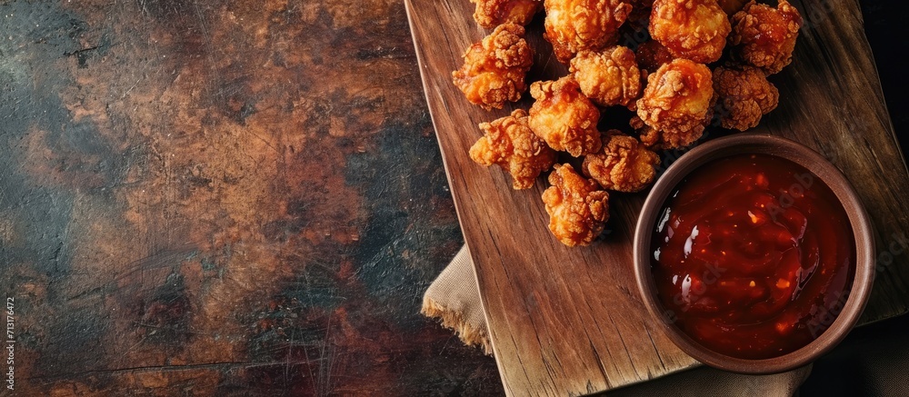 Poster homemade crispy popcorn chicken with barbecue sauce. copy space image. place for adding text
