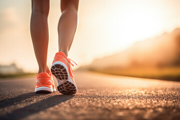 Woman in sports shoes, ready to begin running - obrazy, fototapety, plakaty