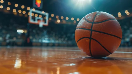 Fotobehang Close-Up of Basketball on Shiny Hardwood Court © _veiksme_
