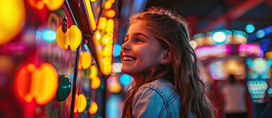 Young cheerful girl having fun playing games at arcade entertainment center. Copy space image. Place for adding text