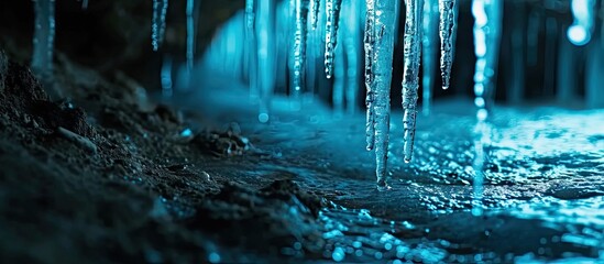 Icicles in cold blue light shining in the darkness at night. Copy space image. Place for adding text