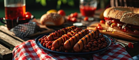 Hot dogs and baked bean for the 4th of July holiday picnic. Copy space image. Place for adding text - obrazy, fototapety, plakaty
