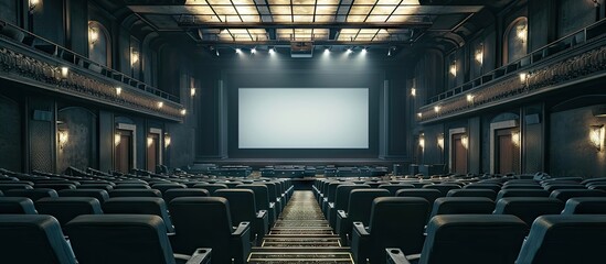 Dark movie theatre interior screen and chairs. Copy space image. Place for adding text