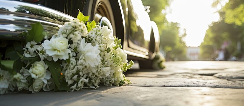 Wedding car decoration with white flower bouquet. Copy space image. Place for adding text