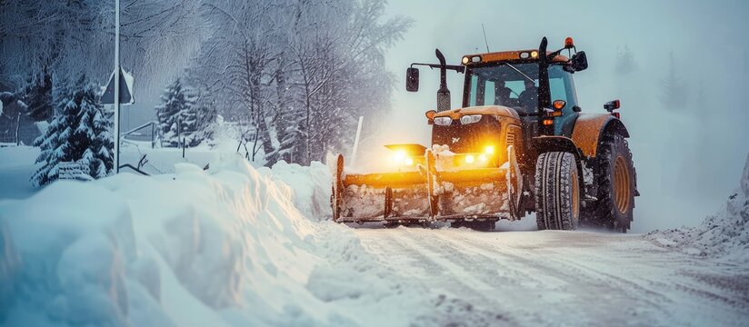 Tractor clears snow removal after snowfall blizzards clearing. Copy space image. Place for adding text
