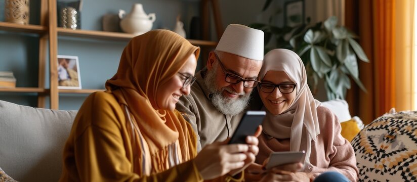 Mid Adult Man Relaxing On Sofa And Showing New App To African American Wife On Cellphone Middle Eastern Man And Woman Sitting On Couch At Home And Using Mobile Phone To Do A Video Call With Fam