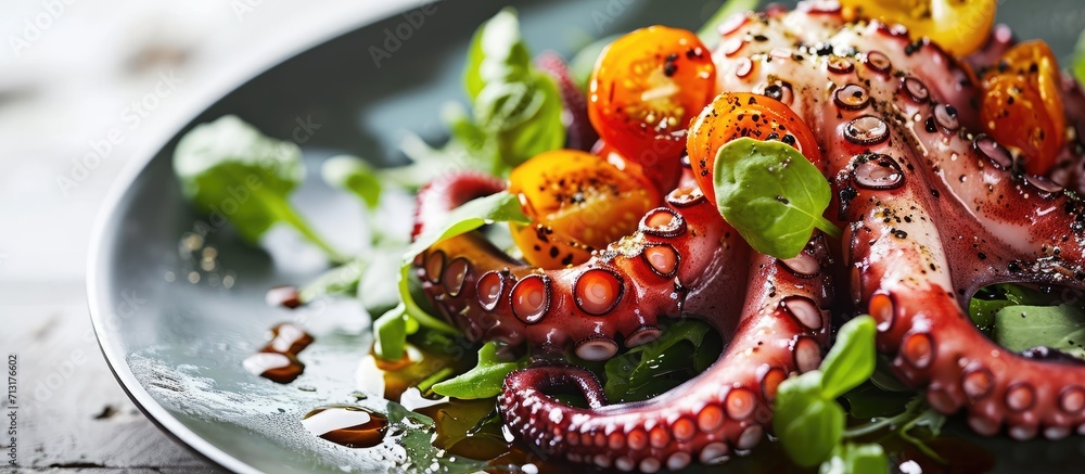 Poster octopus salad. copy space image. place for adding text