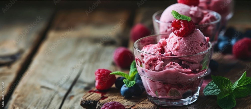 Aufkleber raspberry ice cream with berries and mint served in glasses on an old wooden table selective focus. 