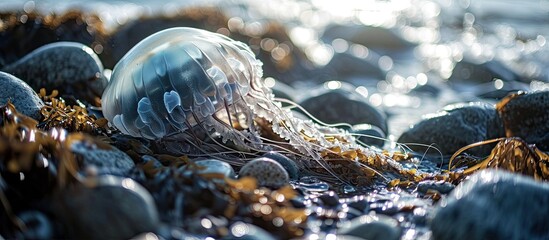 A large wild pale pink jellyfish swims among beach rocks and seaweed on a shoreline of the ocean The marine stinging mane jellyfish is transparent with four circles within a large transparent c