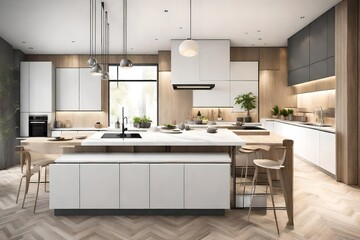 Fototapeta na wymiar Luxury modern white, beige and grey kitchen interior