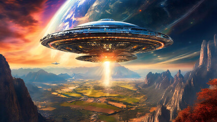 Disco voador OVNI no céu, pousando em um planeta, conceito de tecnologia avançada de ficção científica e alienígenas, arte psicodélica, cyberpunk, futurista - obrazy, fototapety, plakaty