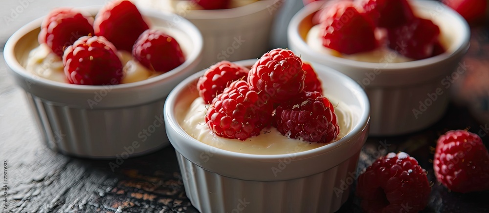 Aufkleber chocolate pots de creme dessert in ramekins with raspberries. copy space image. place for adding tex