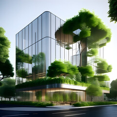 Eco-friendly building in the modern city. Sustainable glass office building with tree for reducing carbon dioxide. Office building with green environment. Corporate building reduce CO2, generative ai