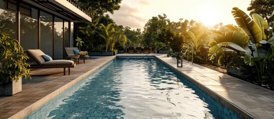 home swimming pool in garden and terrace. Copy space image. Place for adding text