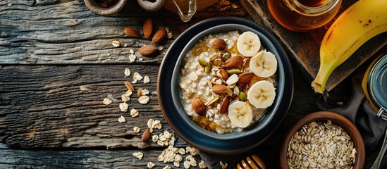 Bowl of oatmeal porridge with sliced banana almonds sunflower seeds and honey Cup of green tea jar of honey and ripe bananas on side. Copy space image. Place for adding text - obrazy, fototapety, plakaty