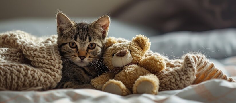 Playful tiny kitten hugs favorite toy bear under white warm blanket on a bed at home Top down view. Copy space image. Place for adding text