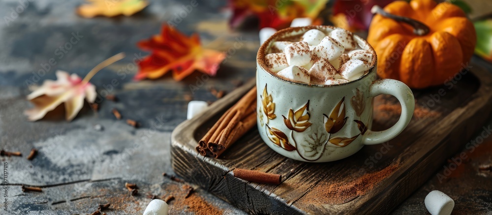 Poster hot cocoa drink with marshmallows and cinnamon in a mug on a wooden board with autumn leaves. copy s