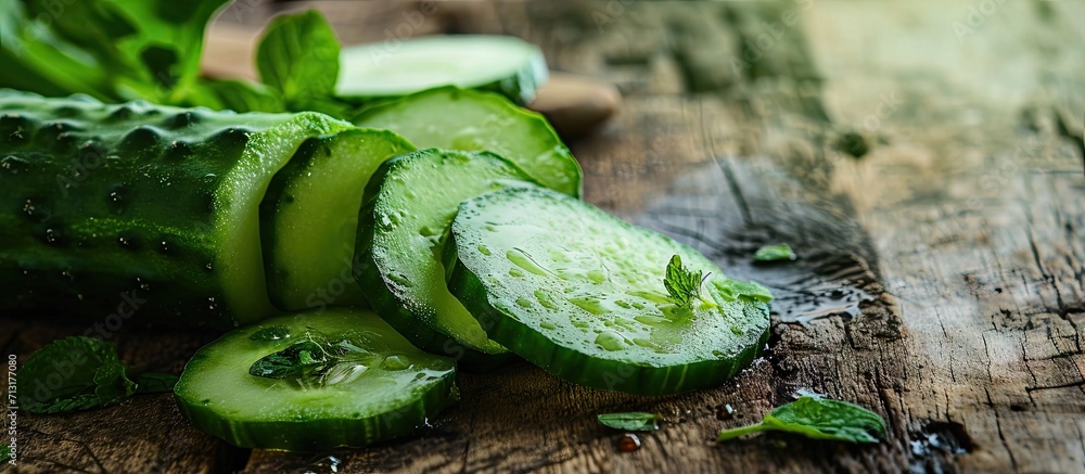 Aufkleber heap of fresh sliced cucumbers on an old wooden table. copy space image. place for adding text