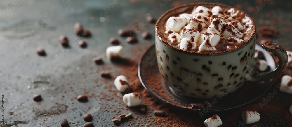 Poster a mug of hot cocoa garnished with chocolate dipped marshmallows. copy space image. place for adding 