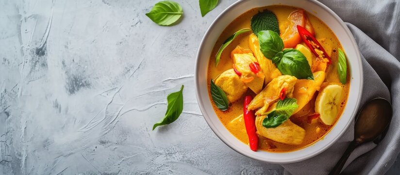 Raw bananas spicy curry with Chicken in coconut milk original Thai food in white bowl Select focus and space for texts. Copy space image. Place for adding text