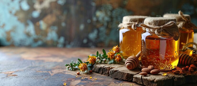 Small jars with honey and nuts Trade in natural farm products in the market Close up. Copy space image. Place for adding text