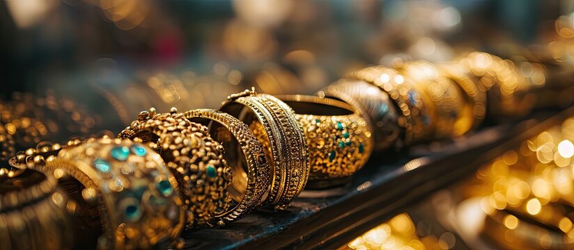 Bracelets on a show window jewelry store gold jewelry in grand bazaar. Copy space image. Place for adding text
