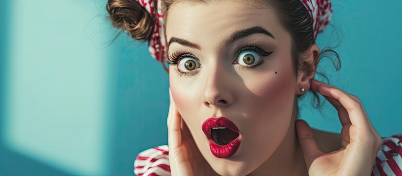 Beautiful woman in pin up style with vintage red phone Shocked pretty girl Presenting your product Expressive facial expressions. Copy space image. Place for adding text