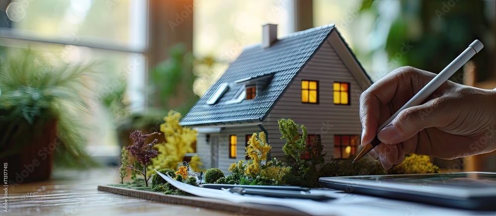 Poster close up of house model showing energy efficiency rate in front of businessperson s hand using calcu