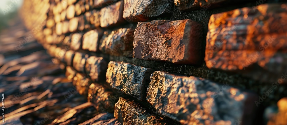 Poster muscular builder with bricks against gradient. copy space image. place for adding text