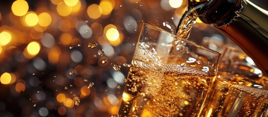 close up of a glass of champagne poured from a bottle. Copy space image. Place for adding text