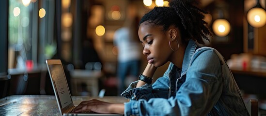 Stress student and black woman with laptop in cafe frustrated from studying working and project University burnout and stressed girl in coffee shop tired from learning on computer and books - Powered by Adobe