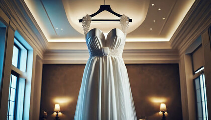 Elegant beautiful wedding dress on a hanger, bridal gown, bride's attire, holiday celebration