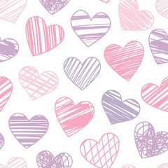 Cute heart pattern with hand drawn hearts, pink and purple seamless repeating backgorund design for valentine day celebration