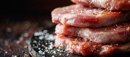 A stack of raw pork cutlets close up Raw meatballs for grill or burger Minced pork meat. Copy space image. Place for adding text - obrazy, fototapety, plakaty