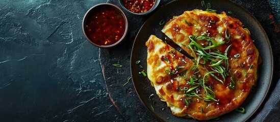Homemade Korean Pajeon Scallion pancake or Korean pancake with Dipping Sauce. Copy space image. Place for adding text