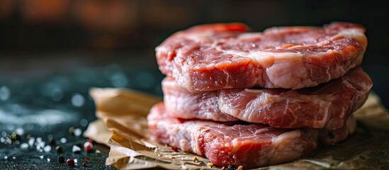 A stack of raw pork cutlets close up Raw meatballs for grill or burger Minced pork meat. Copy space image. Place for adding text - obrazy, fototapety, plakaty